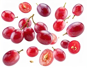 Vivid image of scattered red grapes, some halved, against white backdrop