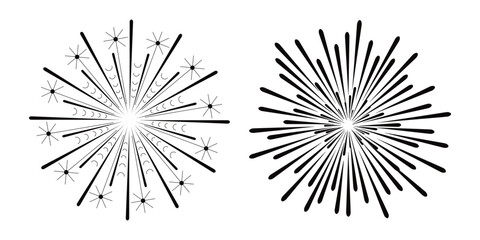 Stunning Black and White Fireworks Burst Silhouette Vector Illustration, Monochrome fireworks explosion set white black 