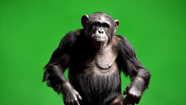 Chimpanzee running towards camera on green screen background