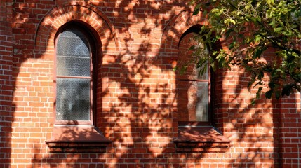 Tall arched windows punctuate a vibrant red brick wall dappled with tree shadows
