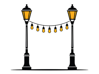 Vintage street lamps with decorative string lights outdoor city park lighting setup vector illustration isolated icon