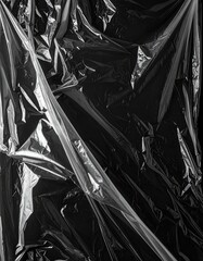 Abstract monochrome image of crumpled transparent plastic against black
