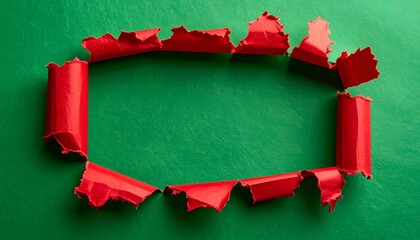 A frame made from torn red paper against a vibrant green backdrop