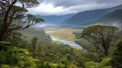 Lush green valley floor features a winding river nestled between heavily forested mountains under overcast skies