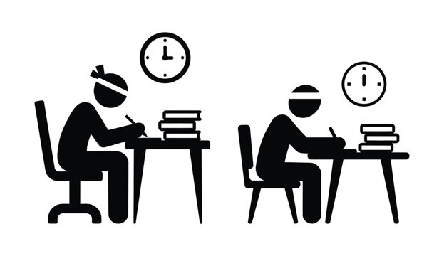 Students studying hard at desks with books and clocks indicating focused late night session vector