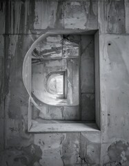 A grayscale, geometric shot of rectangular, tunnel-like spaces with an archway