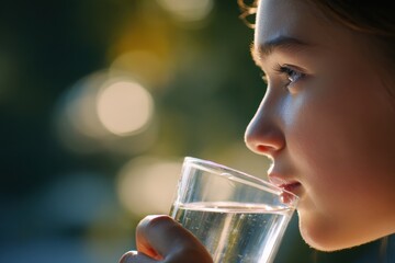 Person sipping refreshing clear water from a glass outdoors in soft sunlight
