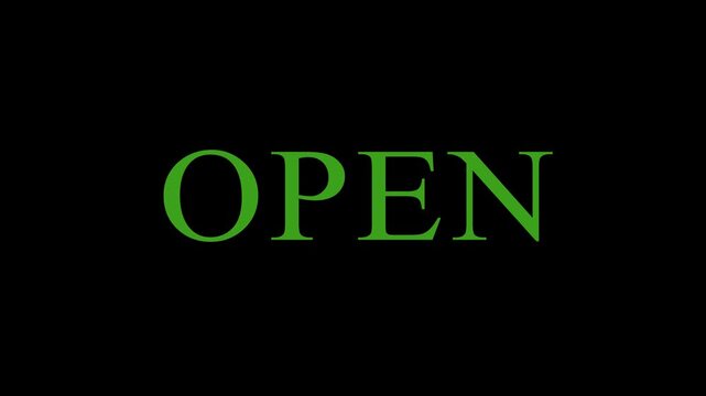 Green neon open sign animation on black background