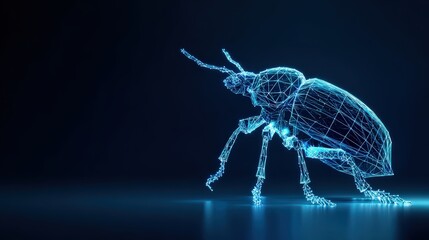 A detailed blue digital art illustration of a beetle against a dark background, showcasing technological art. ..Created with Generative AI, not depicting real subjects.