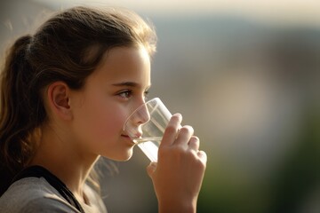 Young girl drinking refreshing water on a bright sunny day outdoors