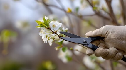 Gentle hands pruning delicate blooming cherry blossom branches with sharp gardening shears