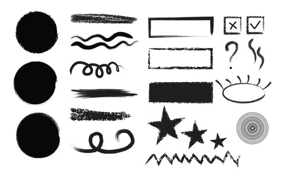 collection of black brush shapes, strokes, abstract pattern of irregular shapes, vibrant  multicolored starburst, array of abstract symbols