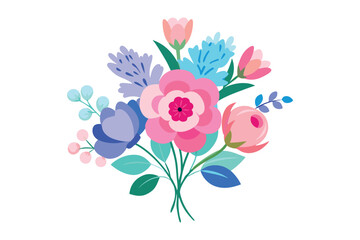 Watercolor pink blue floral bouquet on white background
