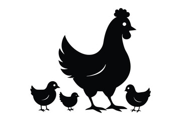 Mother hen with her chicks silhouette on white background