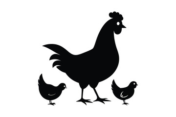 Mother hen with her chicks silhouette on white background