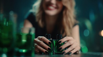 Smiling woman holding elegant green perfume bottles at nightclub