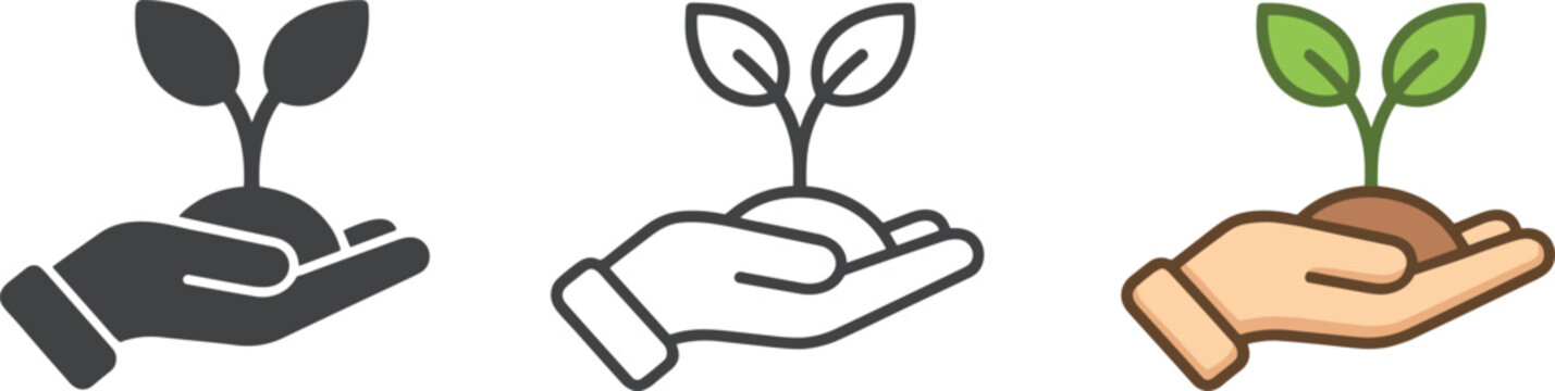 Three icons of a hand holding a sprouting plant on white background seedling