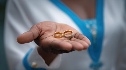 Elegant golden wedding rings held in an outstretched supportive hand
