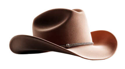 Classic western brown felt cowboy hat with a stylish decorative band perfect for apparel catalogs rodeo event promotions or fashionable accessory displays