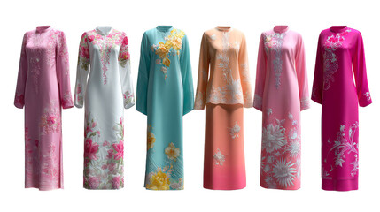 Elegant display of traditional Asian womens long dresses with delicate floral embroidery in soft pink white blue peach and vibrant fuchsia perfect for cultural celebrations or festive