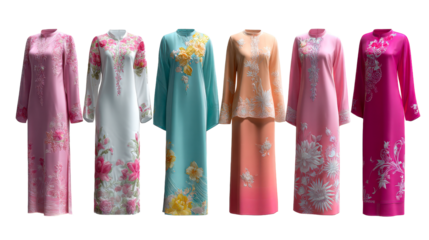 Elegant display of traditional Asian womens long dresses with delicate floral embroidery in soft pink white blue peach and vibrant fuchsia perfect for cultural celebrations or festive