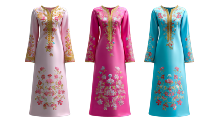 Elegant womens long flowing embroidered gowns with vibrant floral designs perfect for cultural events celebratory occasions and traditional attire concepts