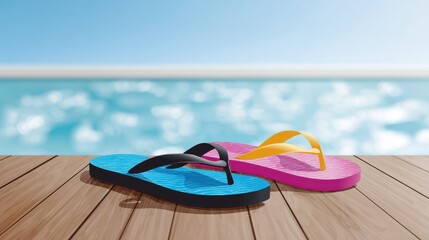 Colorful flip flops resting on wooden deck near sparkling ocean water