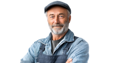 Experienced senior man with a grey beard and a flat cap, dressed in a denim jacket and work overalls, smiling confidently, ideal for portraying seasoned workers or service professionals.