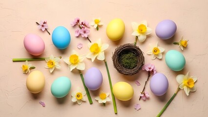 Pastel Easter Eggs and Spring Blossoms Flat Lay with Copy Space - Happy Holiday Greeting Card Background