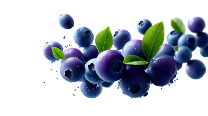 Vibrant fresh blueberries with green leaves and water splashes captured in a dynamic falling motion perfect for healthy food promotions and beverage packaging designs