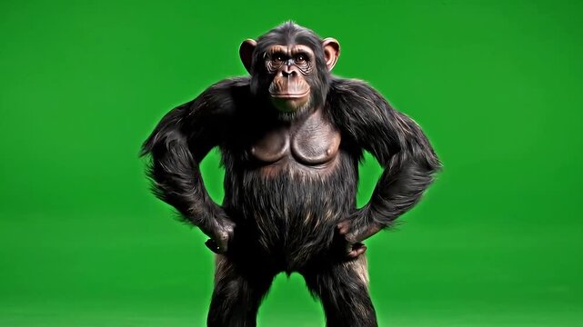Aggressive chimpanzee standing in front of green screen background
