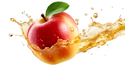 Fresh red and yellow apple with a green leaf immersed in a vibrant golden juice splash and numerous liquid droplets, ideal for showcasing natural fruit beverages and healthy eating.
