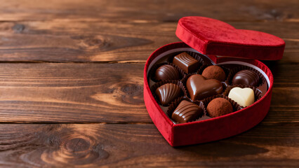 Open red heart shaped box filled with assorted chocolates on a rustic wooden table