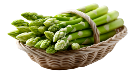 Abundant fresh green asparagus spears with tender tips neatly arranged in a rustic wicker basket perfect for culinary projects or healthy eating promotions