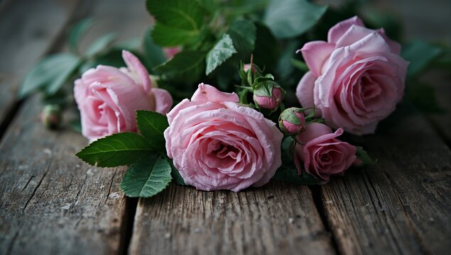 Cinematic Close-Up Still Life of Pink Roses and Green Leaves on Rustic Wooden Background