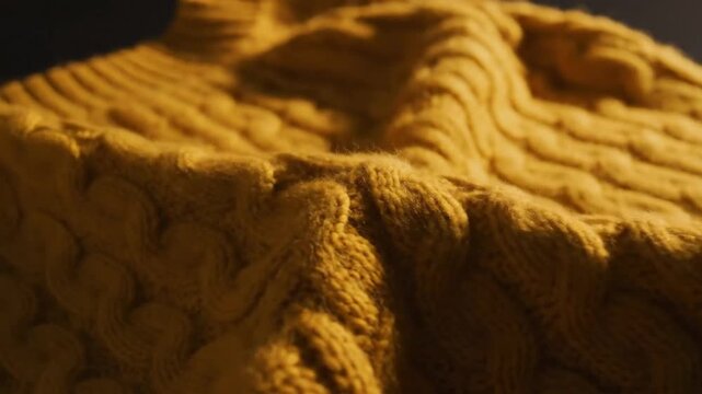 Close-up of knitted fabric showcasing intricate cable knit pattern and warm yellow tones in detailed texture