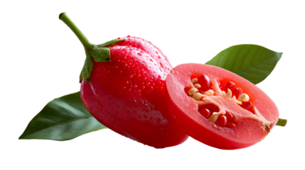 Vibrant red fresh vegetable with glistening water droplets and a sliced portion revealing seeds, perfect for healthy food recipes, culinary blogs, and fresh produce promotions