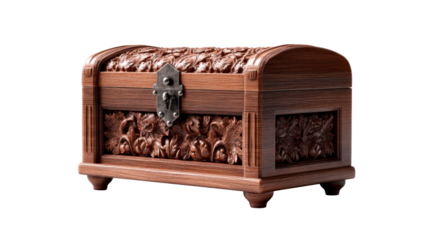 Ornate carved wooden treasure chest featuring a secure metal latch perfect for historical themed presentations antique storage concepts or elegant home decor item displays.