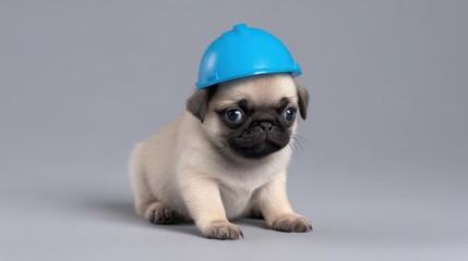 Adorable pug puppy wearing a bright blue safety helmet curiously looking around