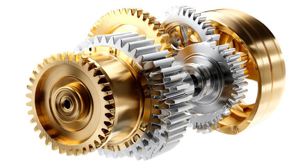 Interlocking golden and silver gears symbolize mechanical innovation and business collaboration, ideal for corporate presentations and engineering industry marketing materials.