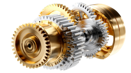 Interlocking golden and silver gears symbolize mechanical innovation and business collaboration, ideal for corporate presentations and engineering industry marketing materials.
