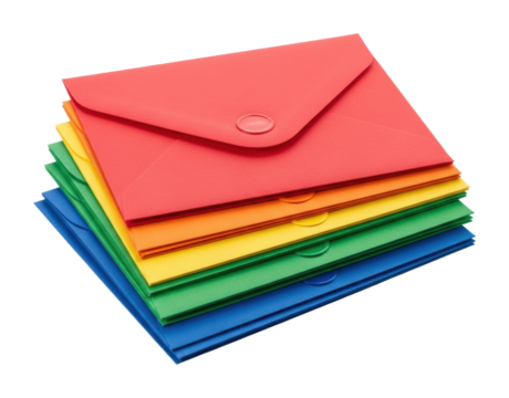 Organized colorful envelopes office stationery top view isolated on transparent background - Powered by Adobe
