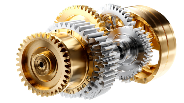 Interlocking golden and silver gears symbolize mechanical innovation and business collaboration, ideal for corporate presentations and engineering industry marketing materials. - Powered by Adobe