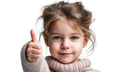 Smiling little girl with expressive blue eyes and light brown hair gives a confident thumbs up gesture, perfect for themes of success, approval, and happiness