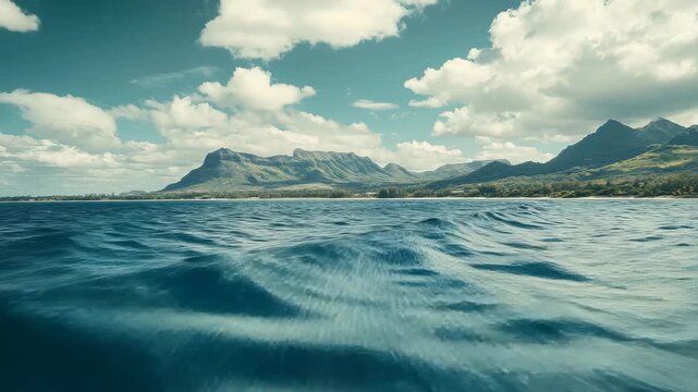 Explore beautiful ocean landscape with tranquil waves and picturesque mountains under a cloudy sky, Discovering beautiful ocean scape with beaches and mountains on background, Le Morne at Mauritius
