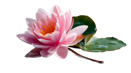 A vibrant pink water lily blossoms gracefully on water with fresh green leaves and glistening drops, perfect for conveying tranquility and natural elegance in wellness and spa promotions.
