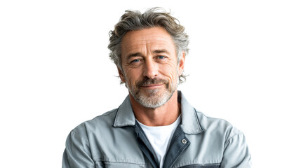 Confident senior man with a friendly smile wearing a work jacket suitable for showcasing reliability, experience, and professionalism in various business and industrial contexts.