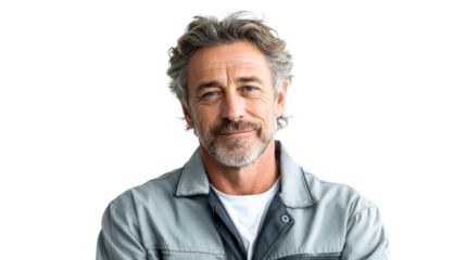 Confident senior man with a friendly smile wearing a work jacket suitable for showcasing reliability, experience, and professionalism in various business and industrial contexts.