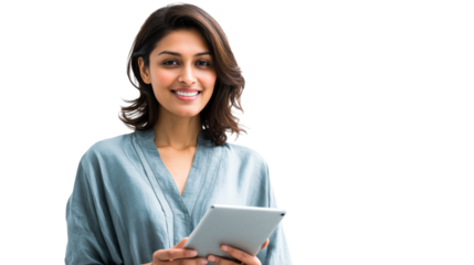 Smiling Indian woman holding a digital tablet with a confident expression, ideal for technology, business, education, or modern lifestyle applications