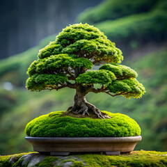 serene bonsai tree on mossy hillock